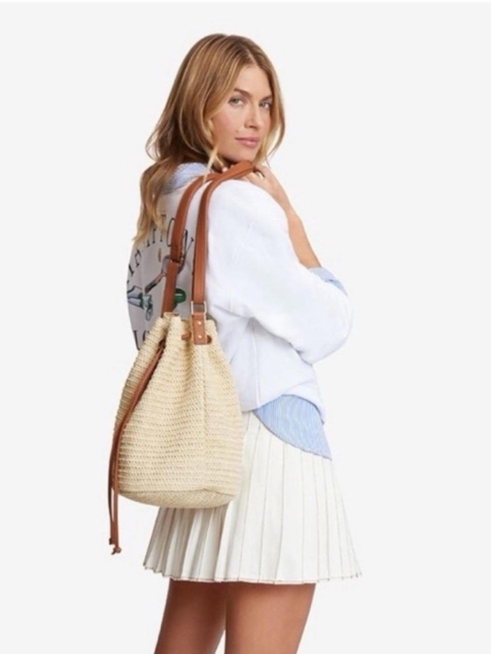 Montce Swim Ali Bucket Bag Cream Straw Brown Leather Boho Crossbody - Picture 10 of 10